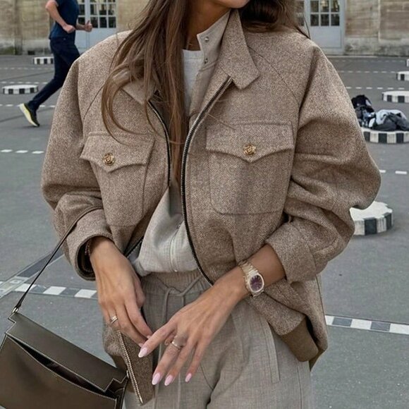 Coffee Brown Elegant Women\'s Herringbone Coat